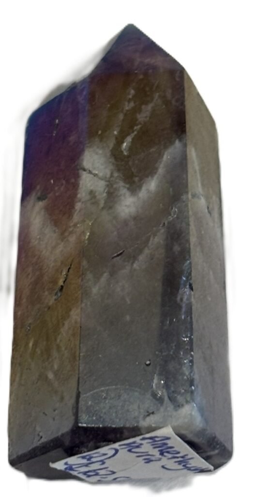 Standing rainbow amethyst aura polished crystal point 12 sians emporium Polished rainbow amethyst aura quartz generator point showing iridescent green violet and gold metallic sheen over natural chevron banding